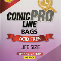 LIFE SIZE Crystal Clear 2 mil PRO Comic Bags 11 1/8" x 15" w/ 2" flap (100 pk)